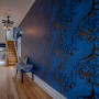 hallway, blue wallpaper, peacock wallpaper, blue feature wall, wallpaper feature, blue hallway