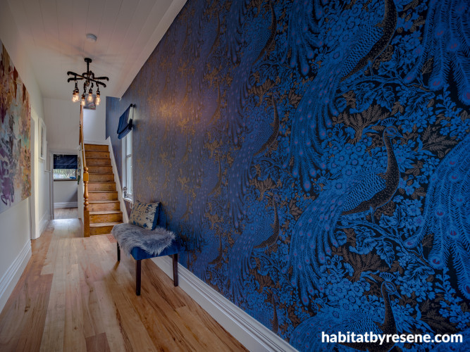hallway, blue wallpaper, peacock wallpaper, blue feature wall, wallpaper feature, blue hallway 
