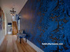 hallway, blue wallpaper, peacock wallpaper, blue feature wall, wallpaper feature, blue hallway 