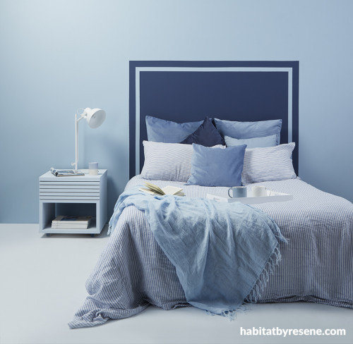 resene smart touch, smart paint, blue bedroom inspiration, painted headboard idea, interior design