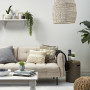 living room, neutrals, neutral living room, pendant light, wall shelf, living room inspiration
