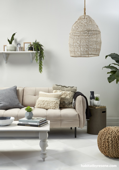 living room, neutrals, neutral living room, pendant light, wall shelf, living room inspiration