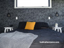 bedroom, guest bedroom, wallpaper feature wall, floral wallpaper, black bedroom, monochromatic 