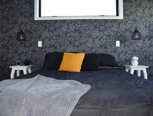 bedroom, guest bedroom, wallpaper feature wall, floral wallpaper, black bedroom, monochromatic