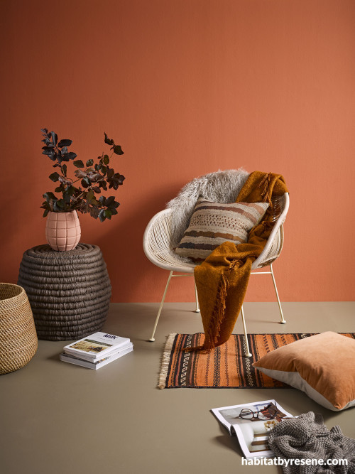 Occasional chair, warm oranges, natural fibres, rug, reading corner, Resene