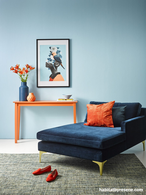 Lounge, Chair, Blue walls, Velvet furniture, Orange decor, Resene