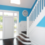 white stairs, white staircase, blue, bright blue, hallway, painted panels, paint ideas, paint trends