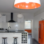 orange, white, white kitchen, tiled kitchen, tiled splashback, painted fridge