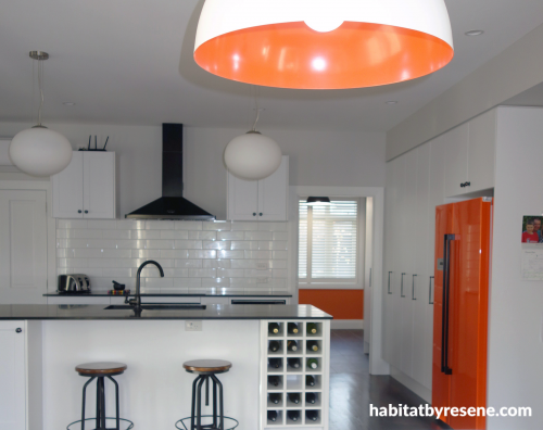 orange, white, white kitchen, tiled kitchen, tiled splashback, painted fridge
