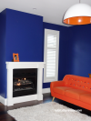 lounge, family room, dark blue, navy blue, orange couch