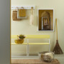 entryway, yellow benchseat, browns and yellows, yellow entryway, brown entryway