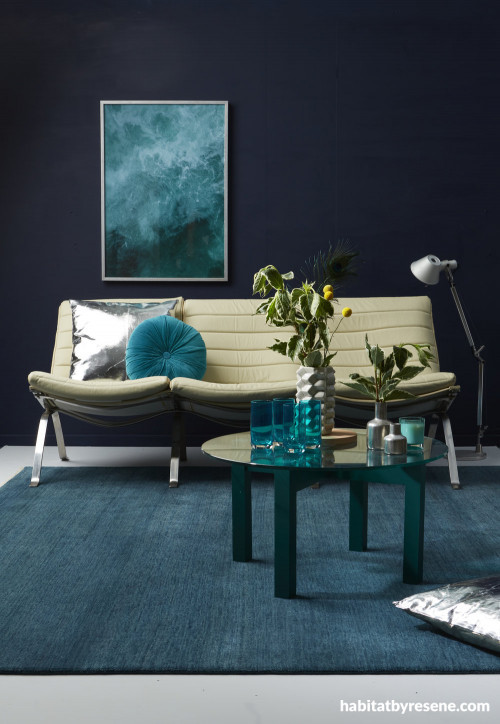 lounge, living room, blue lounge, blue living room, navy and teal, dark feature wall