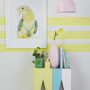 parrot artwork, yellow striped wall, striped feature wall, yellow lounge, parrot print