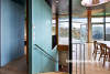 stairwell, blue paint, interior, dining room, indoor-outdoor flow, deck, painted ceiling 