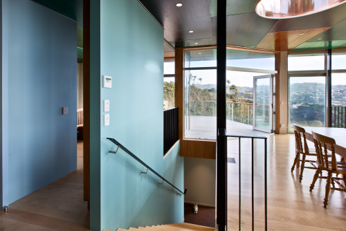 stairwell, blue paint, interior, dining room, indoor-outdoor flow, deck, painted ceiling