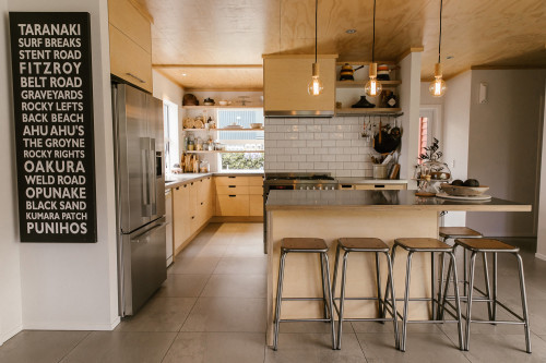 kitchen, resene aquaclear, resene sea fog, timber kitchen, scullery, beach home