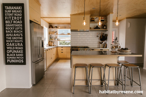 kitchen, resene aquaclear, resene sea fog, timber kitchen, scullery, beach home