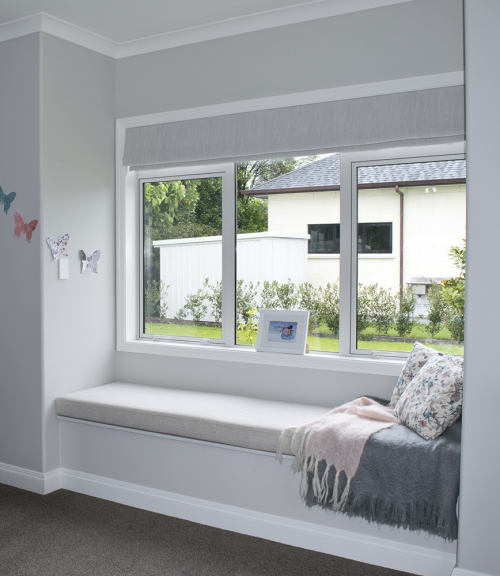 neutrals, blue, reading nook