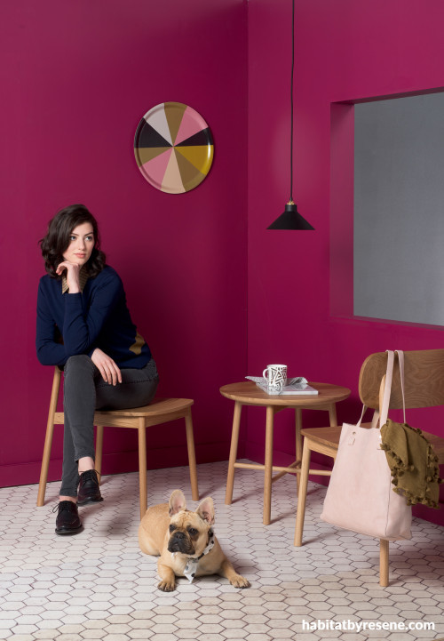 berry paint, pink walls, citta design, Paris, parisian, cafe, living room