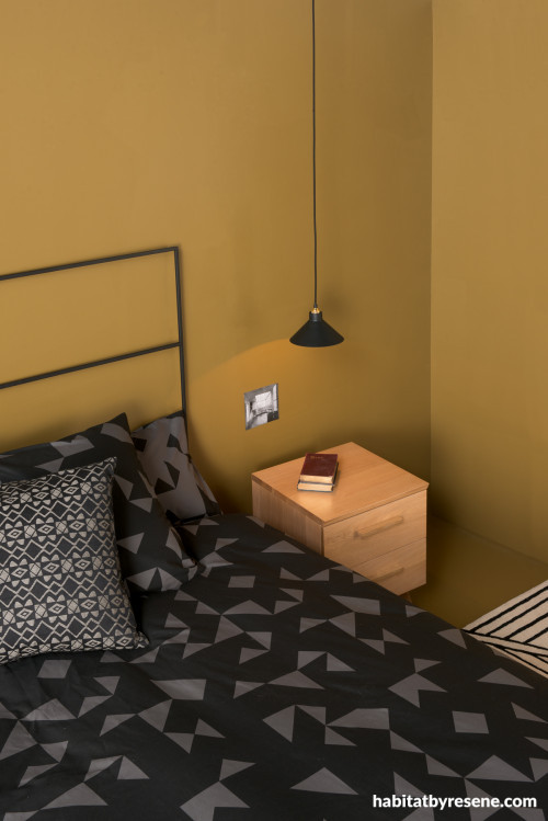 bedroom, yellow bedroom, gold bedroom, citta design, black and yellow, mustard bedroom 