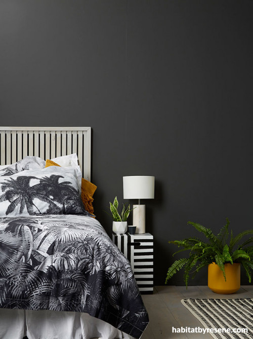 bedroom, grey bedroom, striped stool, DIY stool, striped bedside table, monochrome bedroom
