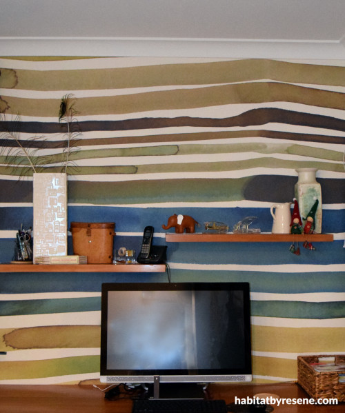 office nook, study, stripe wallpaper, feature wall, feature wallpaper, colourful study 