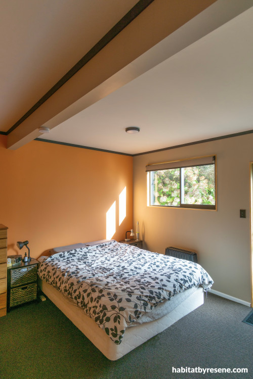bedroom inspiration, bedroom ideas, peach interior, terracotta interior, orange feature wall, resene