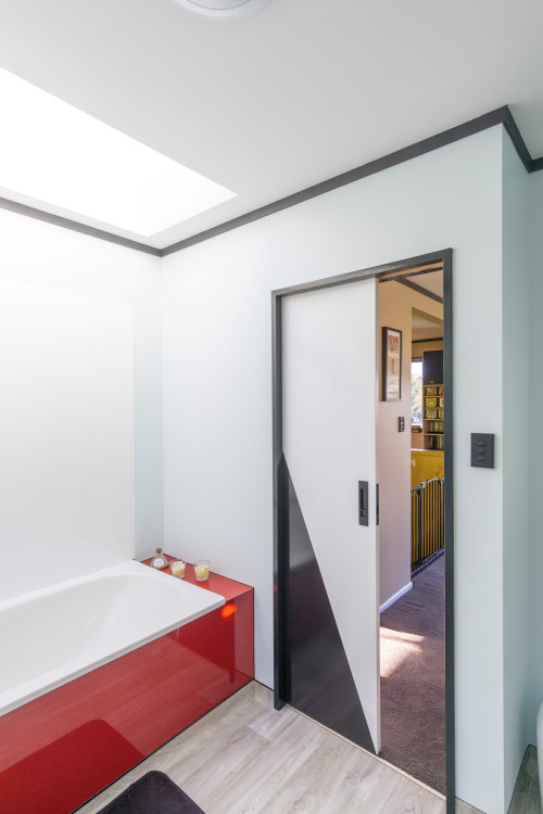 bathroom inspiration, bathroom ideas, red bath ideas, black and white bathroom, colour palette
