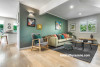 lounge, living room, green lounge, green living room, green feature wall, resene smoky green