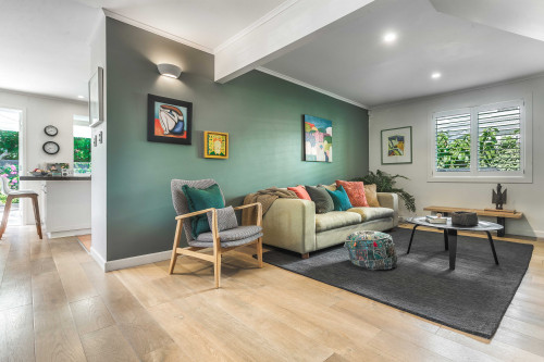 lounge, living room, green lounge, green living room, green feature wall, resene smoky green
