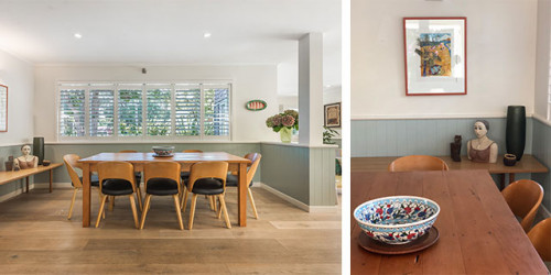 dining room, blue dining room, white dining room, tongue in groove paneling, blue feature