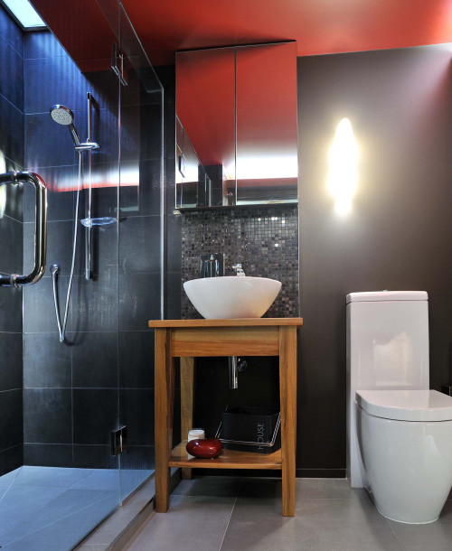red ceiling, ceiling inspiration, painted ceiling, bathroom, red paint, brown paint