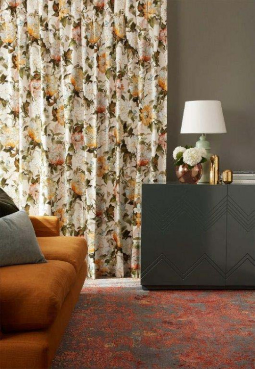 lounge, living room, grey lounge, grey living room, grey and orange, floral curtains