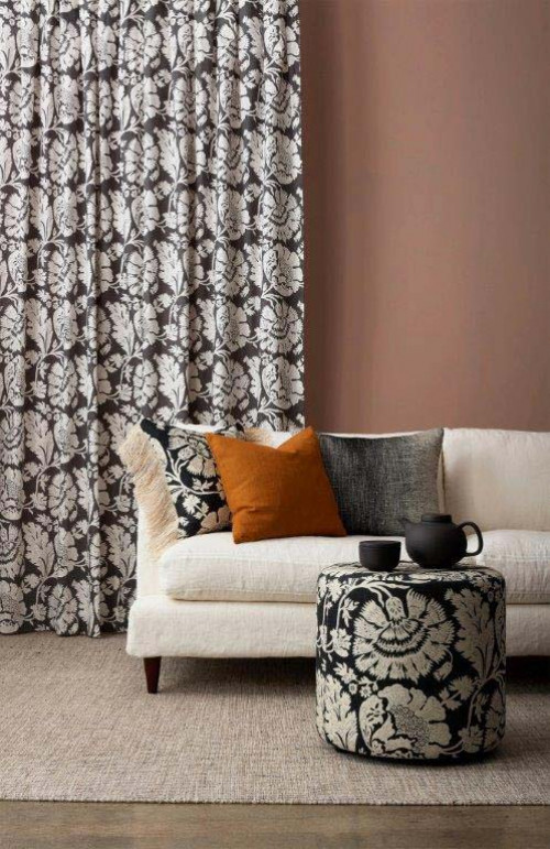 lounge, living room, brown lounge, brown living room, patterned curtains, dusky red walls