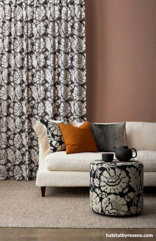 lounge, living room, brown lounge, brown living room, patterned curtains, dusky red walls