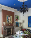 painted ceiling, ceiling inspiration, blue and white paint, living room, lounge, blue ceiling, bold 