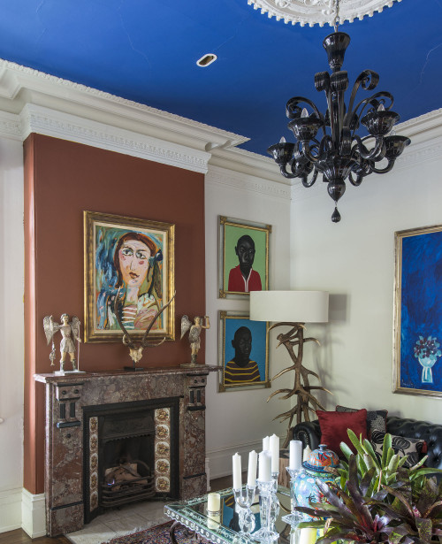 painted ceiling, ceiling inspiration, blue and white paint, living room, lounge, blue ceiling, bold
