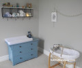 nursery, neutrals, neutral nursery, blue drawers, grey nursery, nursery storage 