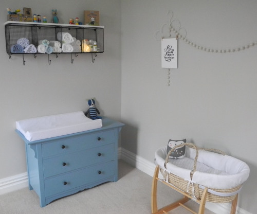 nursery, neutrals, neutral nursery, blue drawers, grey nursery, nursery storage