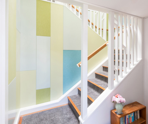 1960's house, stairwell, painted staircase, painted wall panels, retro house ideas