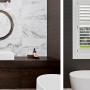 bathroom, marble tiles, tongue and groove wall, brown bathroom, brown feature wall