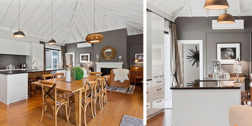 kitchen, white kitchen, dining room, brown kitchen, brown feature wall, timber flooring