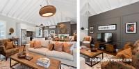 lounge, living room, white lounge, brown feature wall, brown living room, resene half mondo