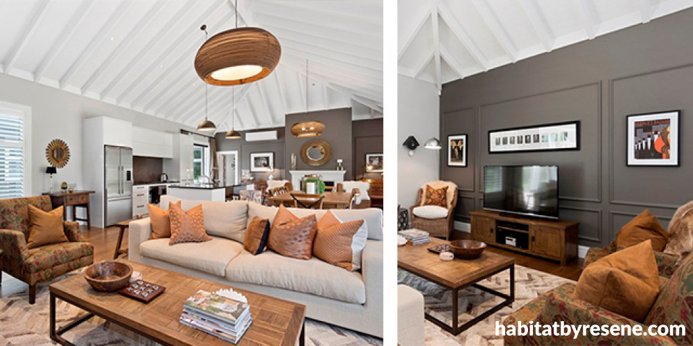 lounge, living room, white lounge, brown feature wall, brown living room, resene half mondo