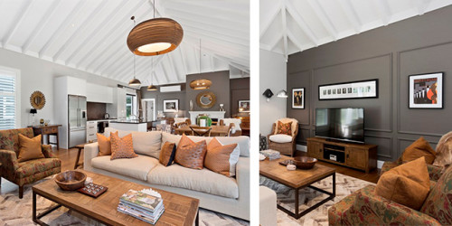 lounge, living room, white lounge, brown feature wall, brown living room, resene half mondo