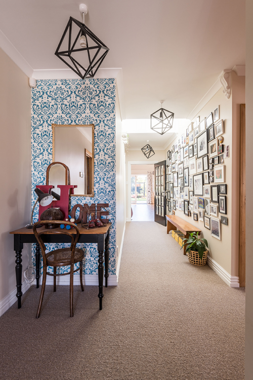 entrance, hallway, hall, blue, stencil, damask pattern