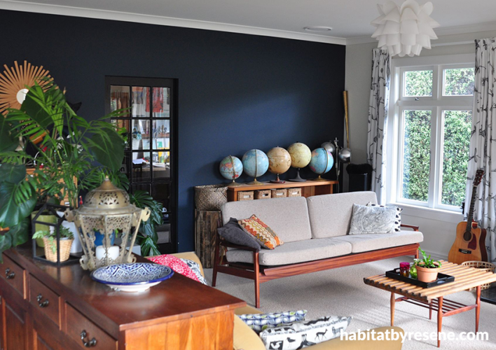 blue, living room, feature wall