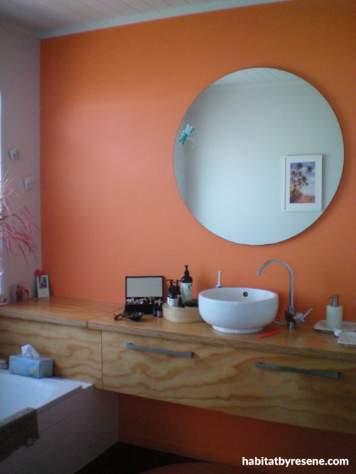 bach, holiday home, beach house, bathroom, orange bathroom, orange feature wall, bright bathroom 