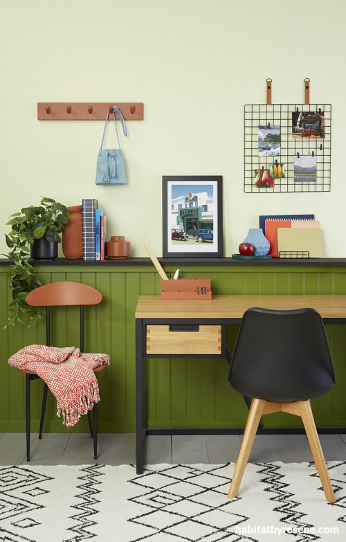 tonal office, tonal desk space, green office, green desk inspiration, calming desk space, Resene 