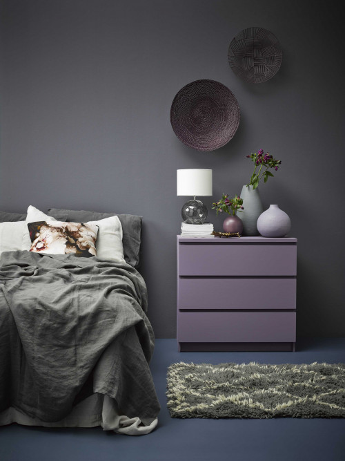 purple, black, grey bedroom, resene gunpowder, resene chapta and verse